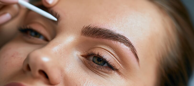 Technician applying micro applicator to client?s eyebrow during beauty treatment