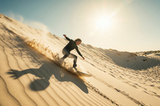 Person rides sandboard down a steep dune kicking up sand spray. Athlete enjoys extreme sport on a sunny day in desert landscape. Action shot captures motion and fun.