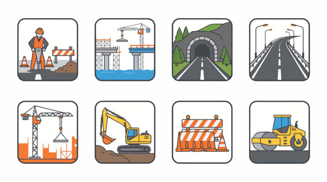 Construction site vector icon set featuring heavy machinery building infrastructure road works tunnels bridges and industrial labor equipment design elements