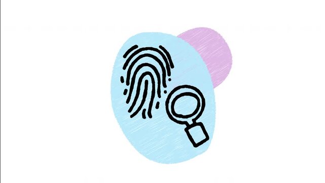 An animated hand-drawn magnified fingerprint with a magnifying glass for forensic science, crime scene investigation, and digital security. Great for investigation app graphics and detective stories.