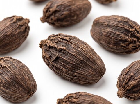 Macro photograph of dried black cardamom pods arranged neatly on a clean white background, showcasing their textured dark brown husks and organic details
