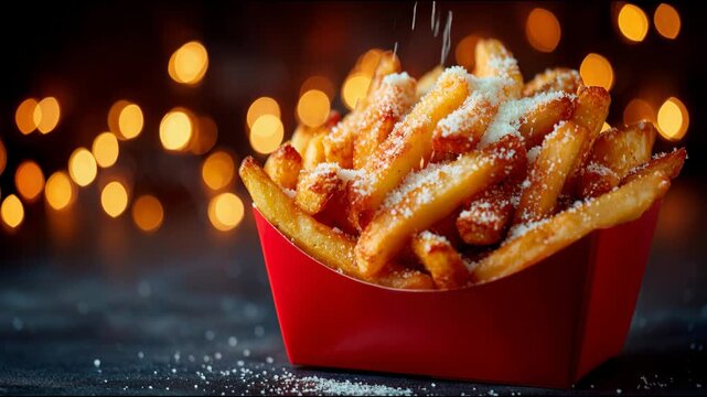 Grated parmesan cheese sprinkling over crispy french fries in a red box against a bokeh background
