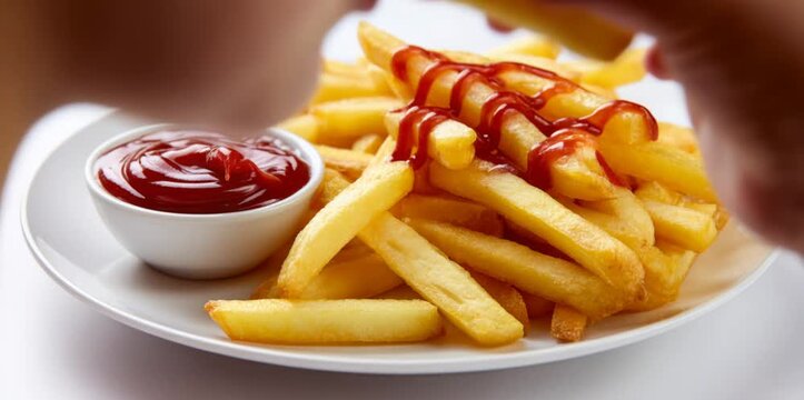 Child eating golden potato french fries with ketchup on a white plate, isolated on white background
