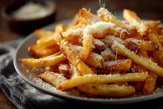 Close up of grated parmesan cheese falling on a plate of hot and crispy homemade french fries