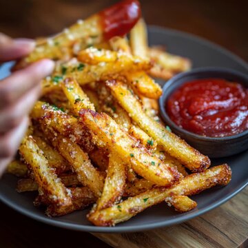 Person's hand taking a crispy potato fry seasoned with cheese and dipping it in tomato ketchup