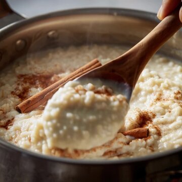 Delicious steaming rice pudding cooking in a pot with cinnamon sticks and a wooden spoon stirring it