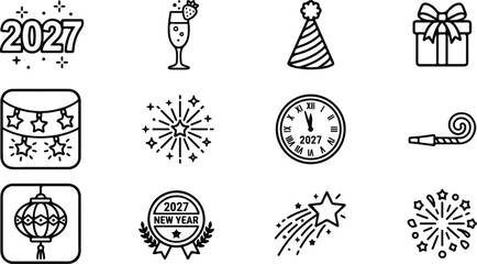 Fototapeta premium 2027 New Year celebration and party outline vector icons set
