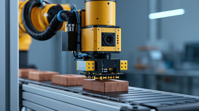 Automated quality inspection cell with cameras and sensors checking wooden parts on conveyor
