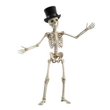 Friendly skeleton wearing a black top hat isolated on transparent background