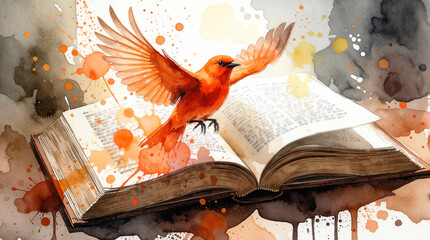 Naklejka premium Vibrant orange bird flies above open book with watercolor splatters. Artistic illustration shows avian creature rising from pages. Concept of knowledge, learning, imagination through literature.