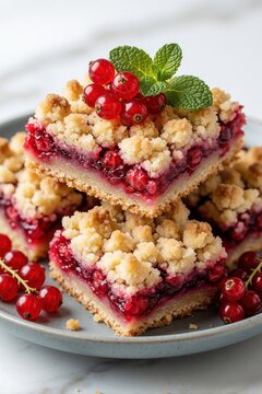 Red currant crumb bars rest stacked on a plate, topped with fresh berries and mint leaves. Each square slice reveals a rich berry filling and buttery crumble topping, perfect for a sweet treat.