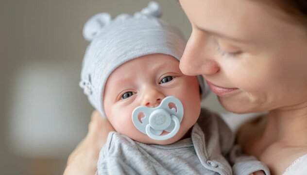 Young loving mother tenderly holding and kissing her newborn baby son with a pacifier in his mouth