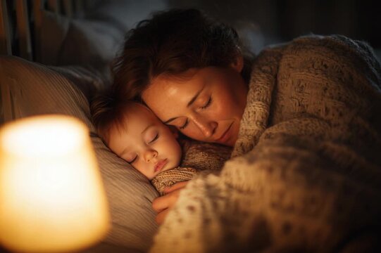 Loving mother sleeping with her newborn baby in a cozy bed with a warm night lamp