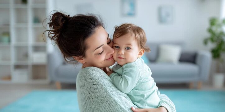 Young loving mother holding and kissing her laughing cute baby daughter at home in the living room