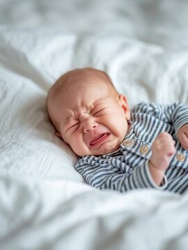 Newborn baby crying while lying in a crib with a wrinkled face and closed eyes