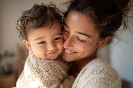 Beautiful young mother lovingly embracing and kissing her cute toddler son at home