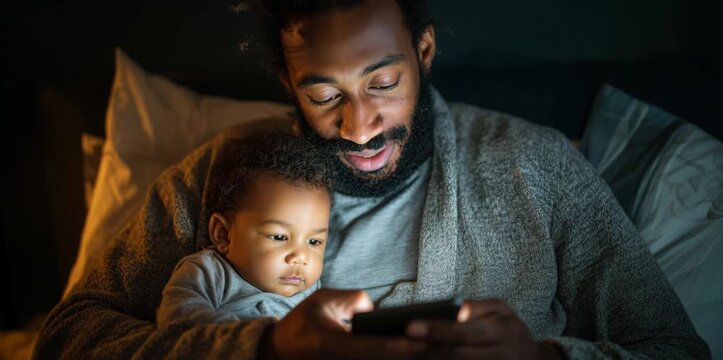 African american father and his cute baby boy using a mobile phone together in a dark bedroom at night