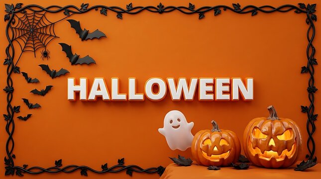 Festive halloween scene with pumpkins a ghost bats and the word halloween in bold lettering on an orange background