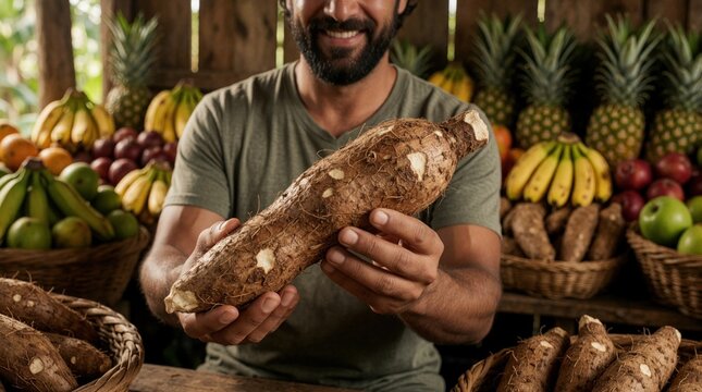 Man smiles holding large raw cassava root vegetable. Fresh tropical fruits like bananas and pineapples displayed behind him. Rustic market stall scene.