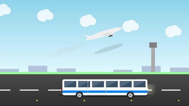 Modern Airport Shuttle Bus Transporting Passengers at Terminal Transfer Service in 4K 60fps Resolution