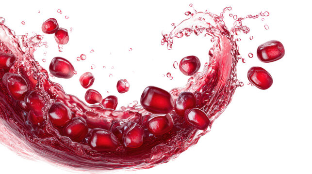 Pomegranate arils in dynamic red juice splash wave isolated on transparent background