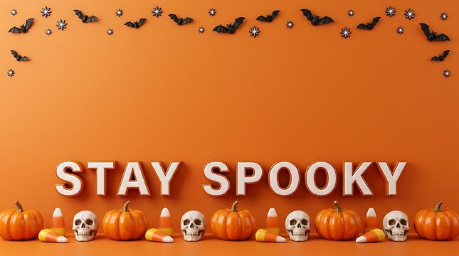 A festive halloween still life featuring pumpkins human skulls and a bright glowing stay spooky message on a vibrant orange backdrop