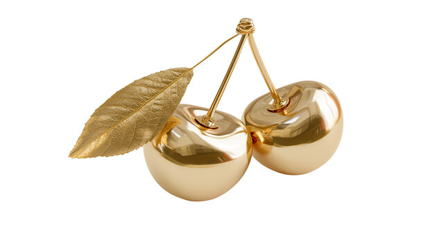 Two glossy golden cherries with a leaf, isolated on transparent background