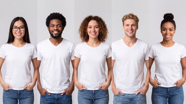 Diverse group of multiracial men and women in plain white t-shirt mockups