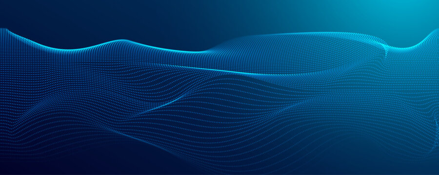 Abstract blue technology banner wave dots, creating a futuristic digital background for AI, data, networking, innovation and modern technology concepts.
