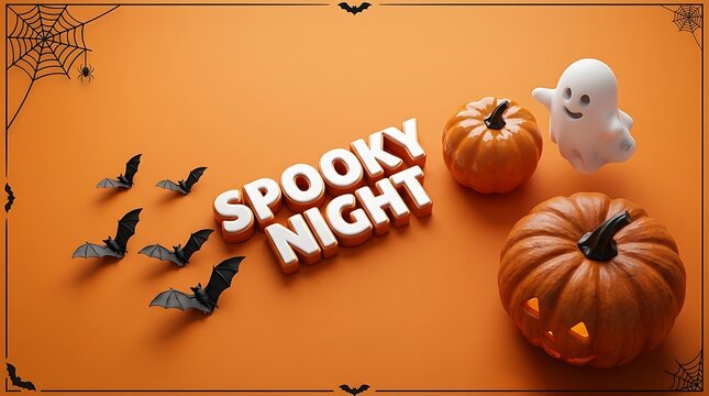 Festive halloween flat lay with pumpkins a ghost bats and the words spooky night on an orange background