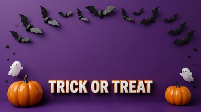 A festive halloween scene features pumpkins ghostly apparitions and flying bats set against a dramatic dark purple backdrop