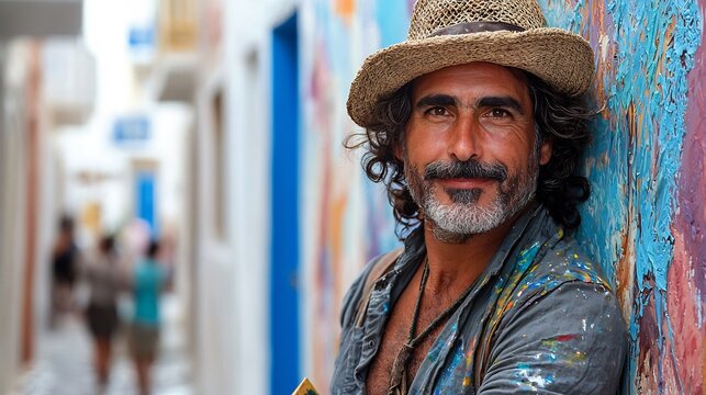 Portrait of a creative artist with a straw hat and paint splattered shirt against a colorful wall