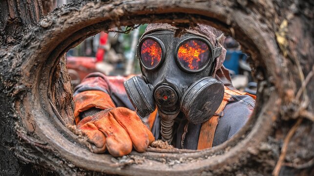 Person in gas mask with glowing eyes in rough environment
