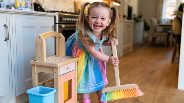 Smiling young girl playing with toy broom and cleaning set in kitchen, pretend housekeeping and childhood role play concept