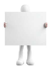 Faceless white 3D humanoid holding large blank rectangular signboard for copy space