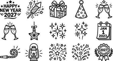 Naklejka premium Happy New Year 2027 celebration and holiday outline vector icons set