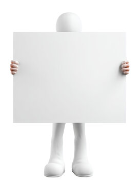 Faceless white 3D humanoid holding large blank rectangular signboard for copy space