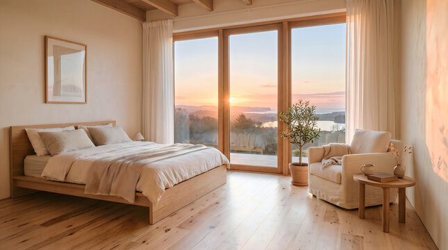 Modern Luxury Bedroom with Panoramic Sunset View and Natural Light