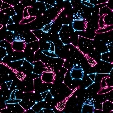 Neon witch seamless pattern with Halloween magical cauldron, broomstick, hat and glowing constellation stars on dark background