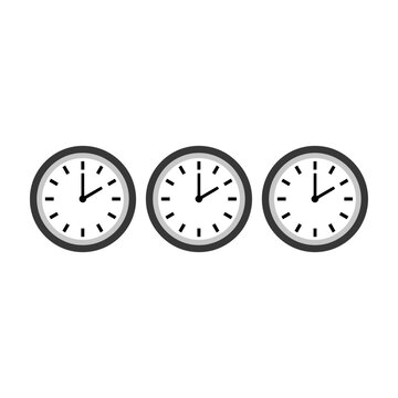 Three Identical Wall Clocks Showing Same Time Isolated