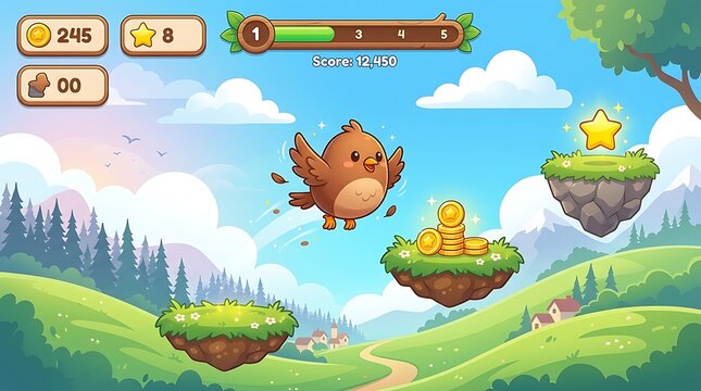 Pixel art bird character flying in a mobile game interface with floating platforms and coins.