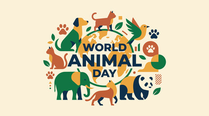 Fototapeta premium World Animal Day with planet earth globe surrounded by diverse wildlife fauna dog cat elephant panda and bird in organic flat style for animal protection campaign