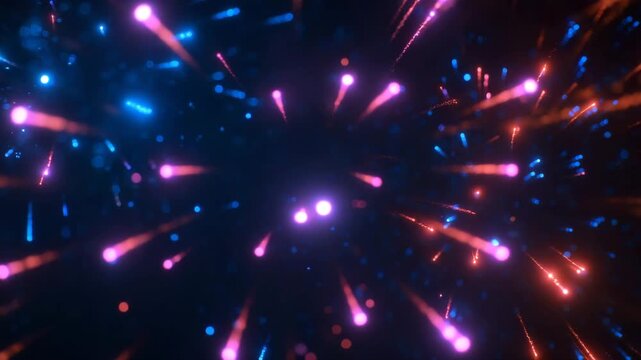 Seamless loop animation of neon fireworks spark shards on black festive backdrop, chromatic particles drifting with high brightness