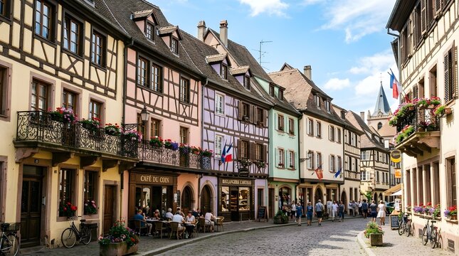 Charming French Street with Pastel Half timbered Buildings and Cafes