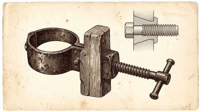 Vintage Pipe Clamp with Bolt and Nut Illustration, Old Workshop Tool
