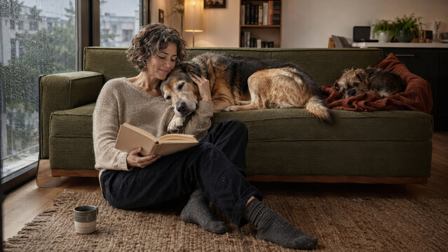 Dog Mom Reading on Floor While Her Dogs Take Over the Sofa
