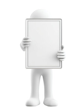 3D white faceless character holding blank vertical signboard frame for message copy space