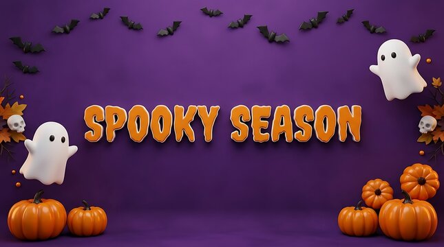 A festive halloween background with pumpkins friendly ghosts and bats includes the text spooky season in bright orange lettering