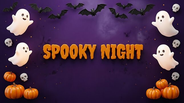 A festive halloween illustration depicts friendly ghosts pumpkins flying bats and spooky night text for seasonal autumn celebrations and trick or treating