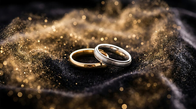 Pair of wedding rings on dark shimmering glitter fabric.